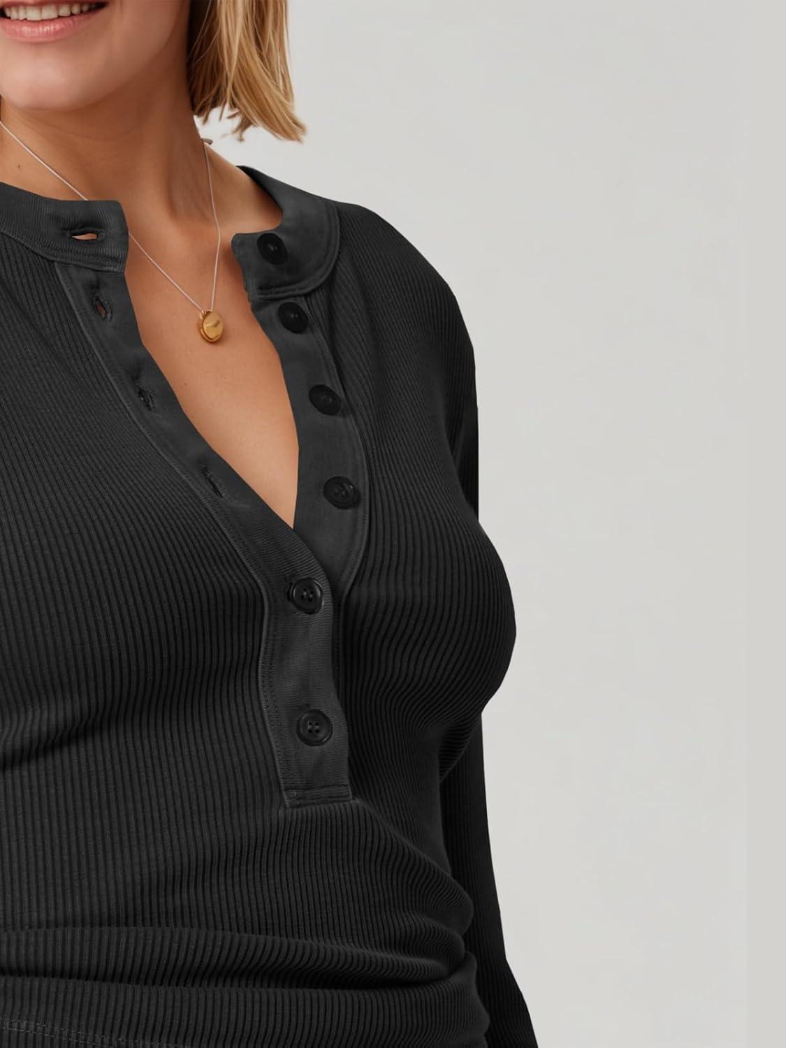 imageTankaneo Womens Deep V Neck Tops Low Cut Ribbed Knit Henley Shirts Fall Long Sleeve Slim Fit Going Out TeesBlack