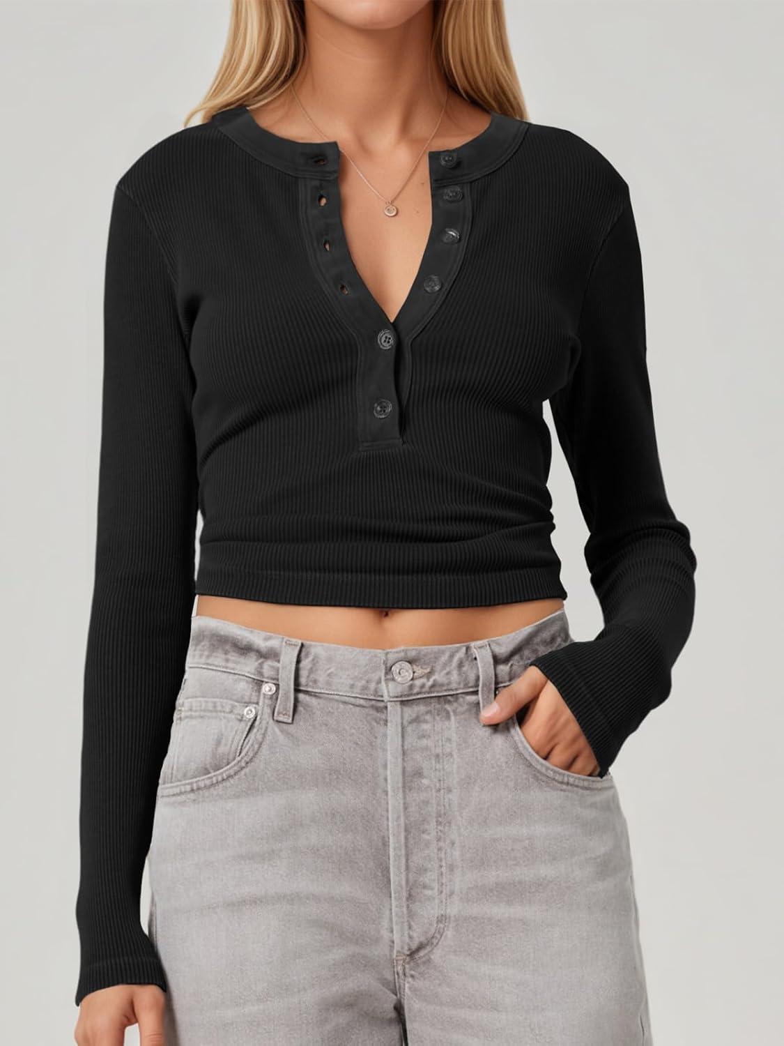 imageTankaneo Womens Deep V Neck Tops Low Cut Ribbed Knit Henley Shirts Fall Long Sleeve Slim Fit Going Out TeesBlack