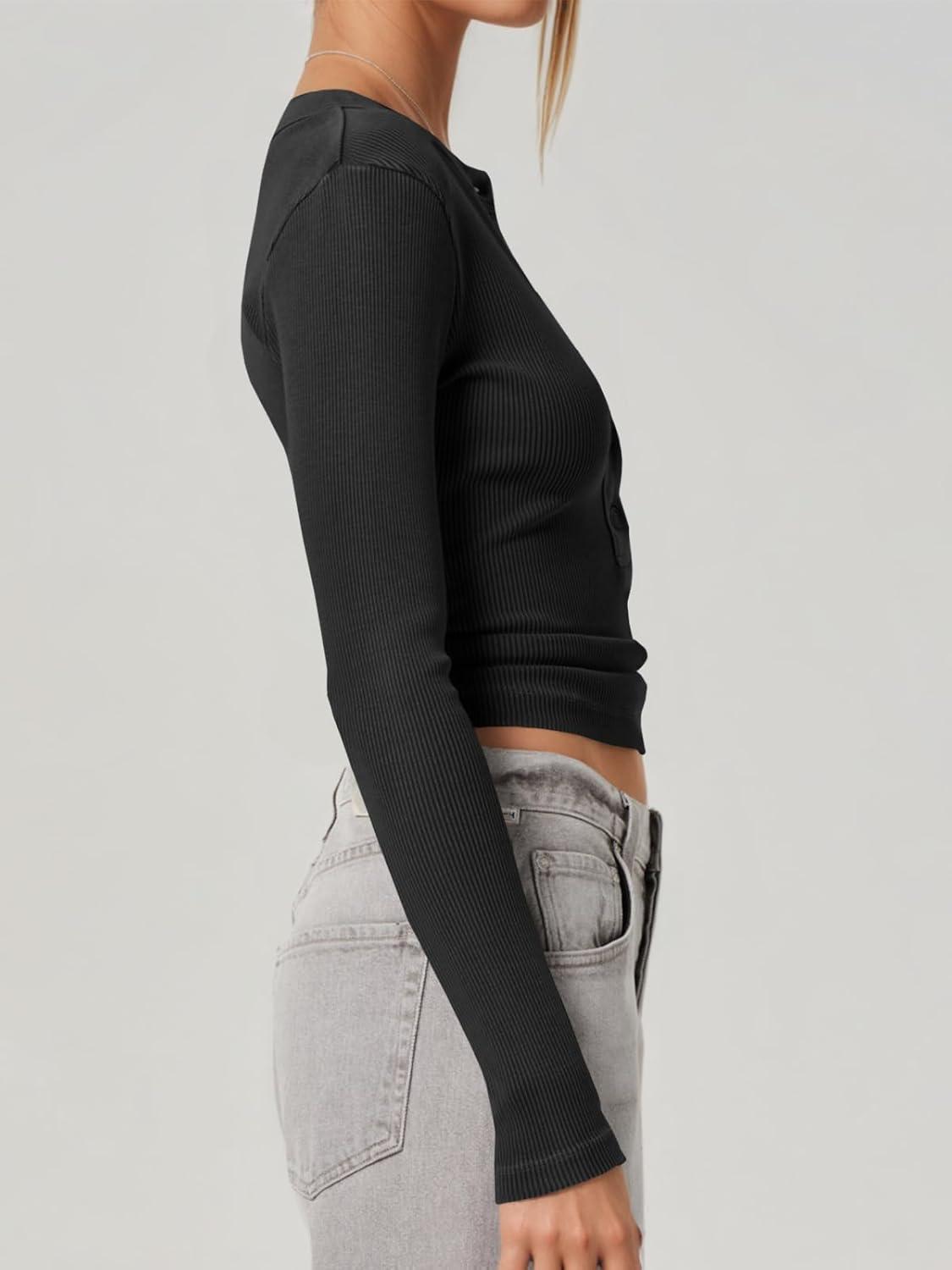 imageTankaneo Womens Deep V Neck Tops Low Cut Ribbed Knit Henley Shirts Fall Long Sleeve Slim Fit Going Out TeesBlack