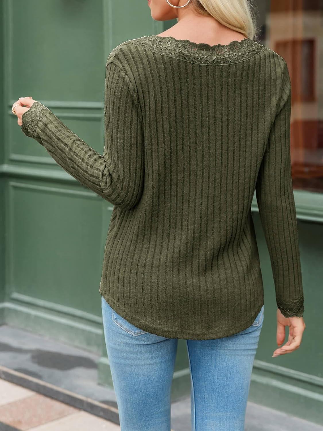imageTankaneo Womens Lace V Neck Tunic Tops Long Sleeve Ribbed Knit Shirts Fall Casual Basic TeesArmy Green
