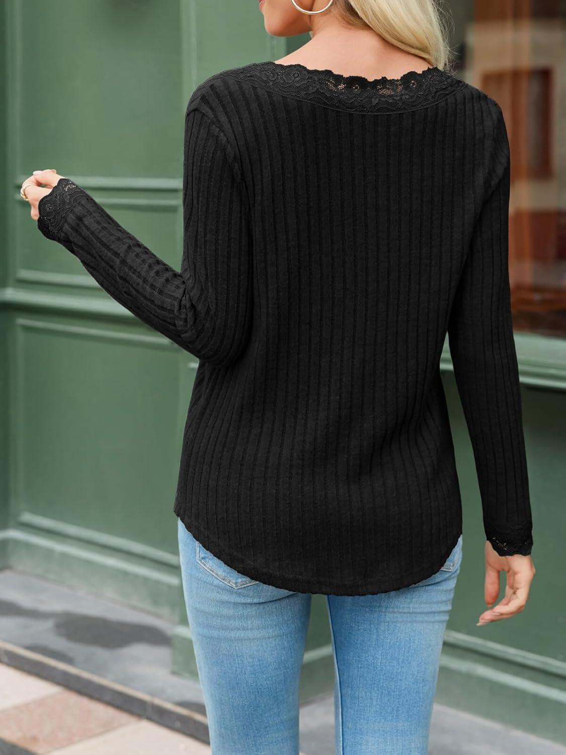 imageTankaneo Womens Lace V Neck Tunic Tops Long Sleeve Ribbed Knit Shirts Fall Casual Basic TeesBlack