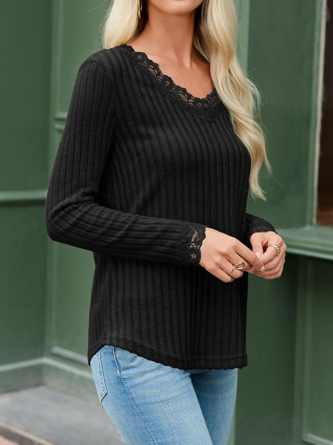 imageTankaneo Womens Lace V Neck Tunic Tops Long Sleeve Ribbed Knit Shirts Fall Casual Basic TeesBlack