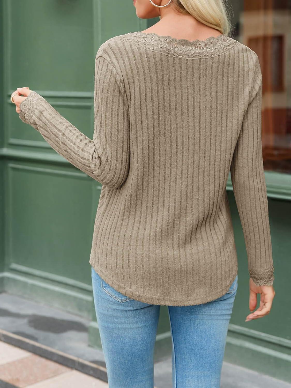 imageTankaneo Womens Lace V Neck Tunic Tops Long Sleeve Ribbed Knit Shirts Fall Casual Basic TeesKhaki