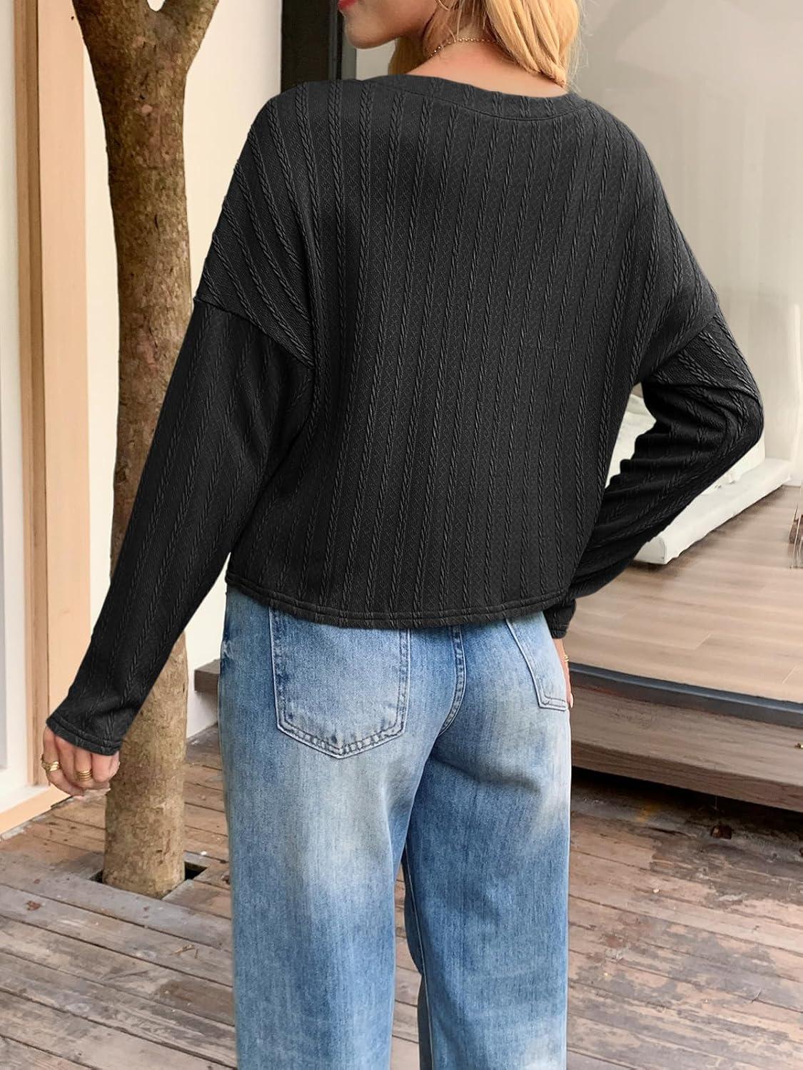 imageTankaneo Womens Long Sleeve Crop Tops Textured Loose Fit TShirts Crewneck Basic Tees Casual Fall KnitwearBlack