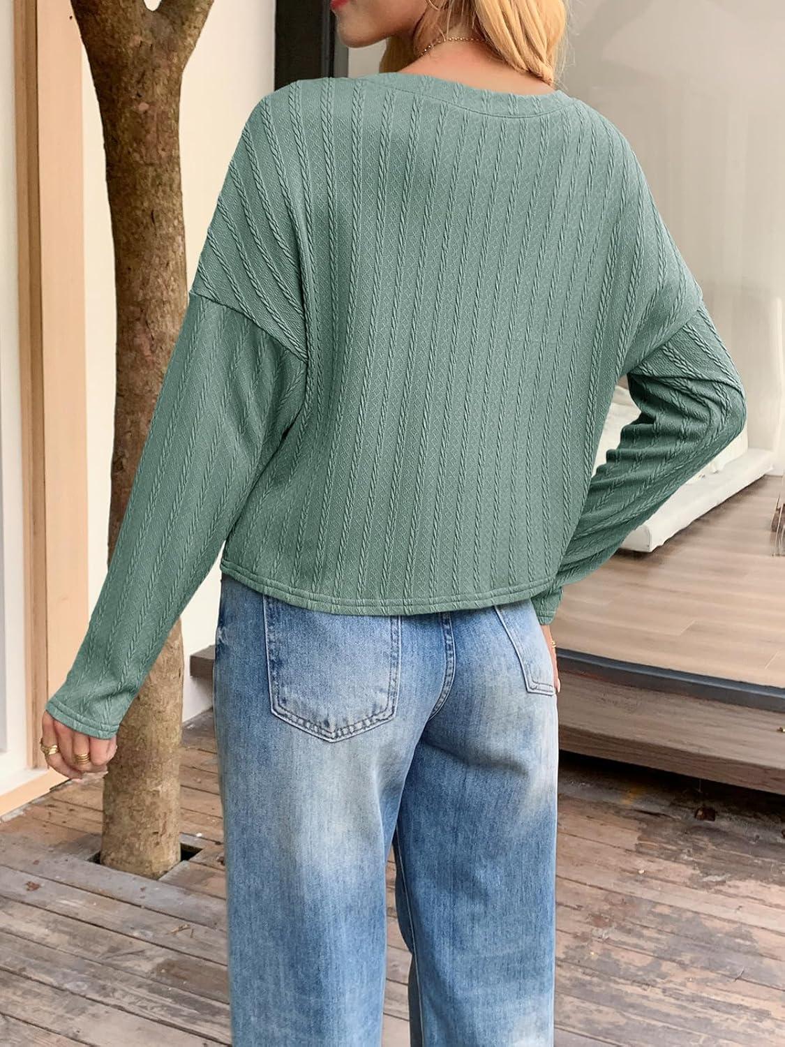 imageTankaneo Womens Long Sleeve Crop Tops Textured Loose Fit TShirts Crewneck Basic Tees Casual Fall KnitwearGreen