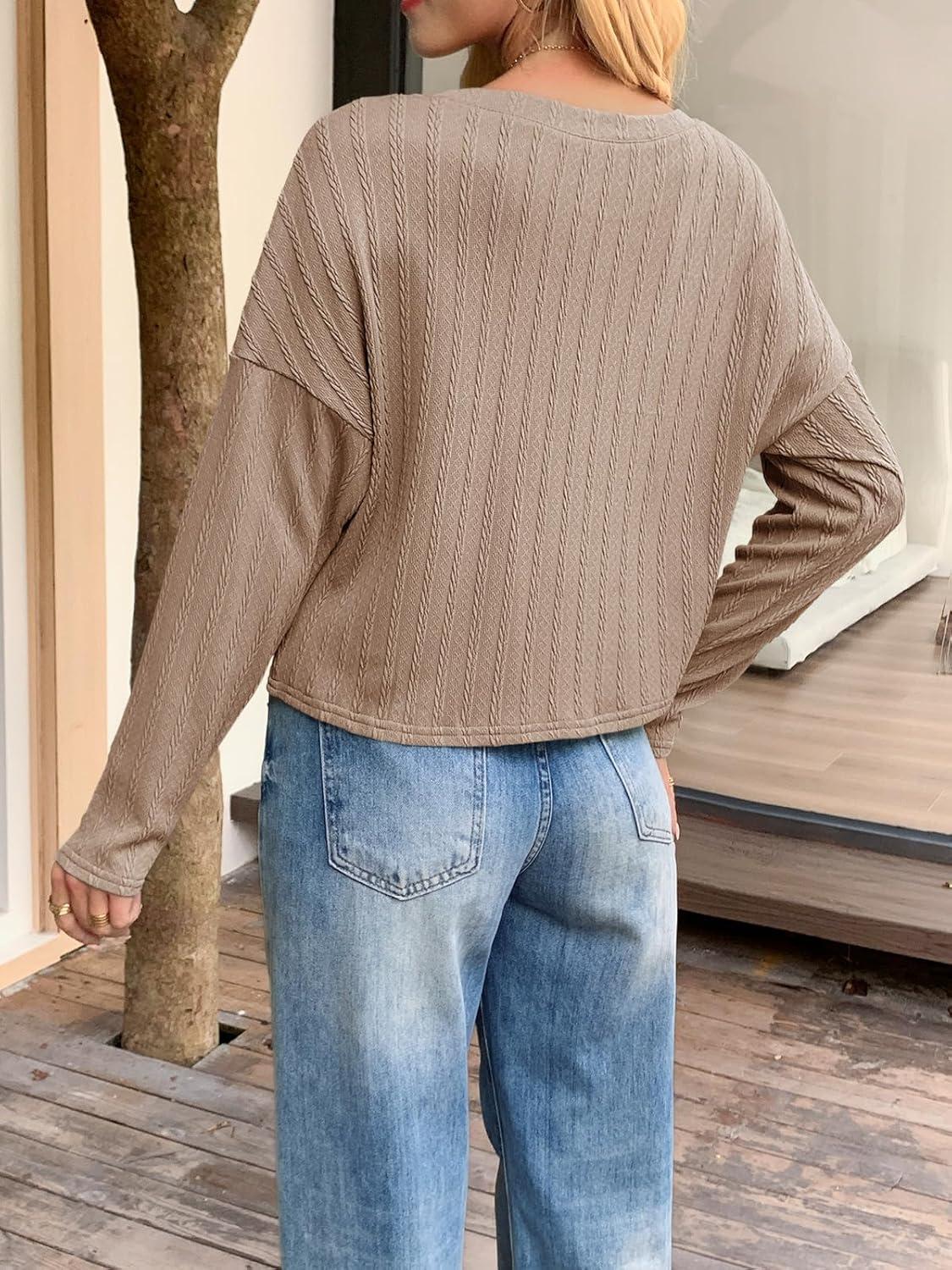 imageTankaneo Womens Long Sleeve Crop Tops Textured Loose Fit TShirts Crewneck Basic Tees Casual Fall KnitwearKhaki