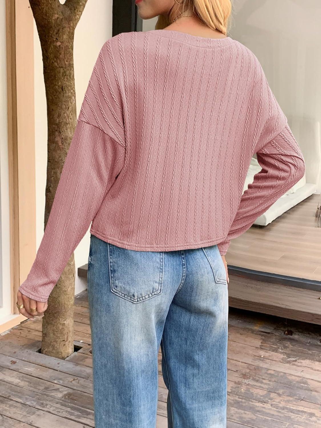 imageTankaneo Womens Long Sleeve Crop Tops Textured Loose Fit TShirts Crewneck Basic Tees Casual Fall KnitwearPink