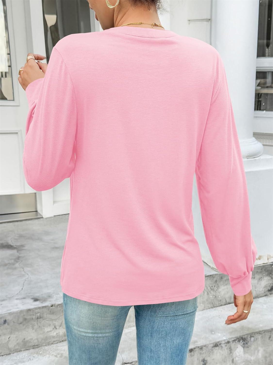 imageTankaneo Womens Long Sleeve Henley Shirts Dressy Casual V Neck Tunic Tops Loose Fit Basic Tees TShirtsPink