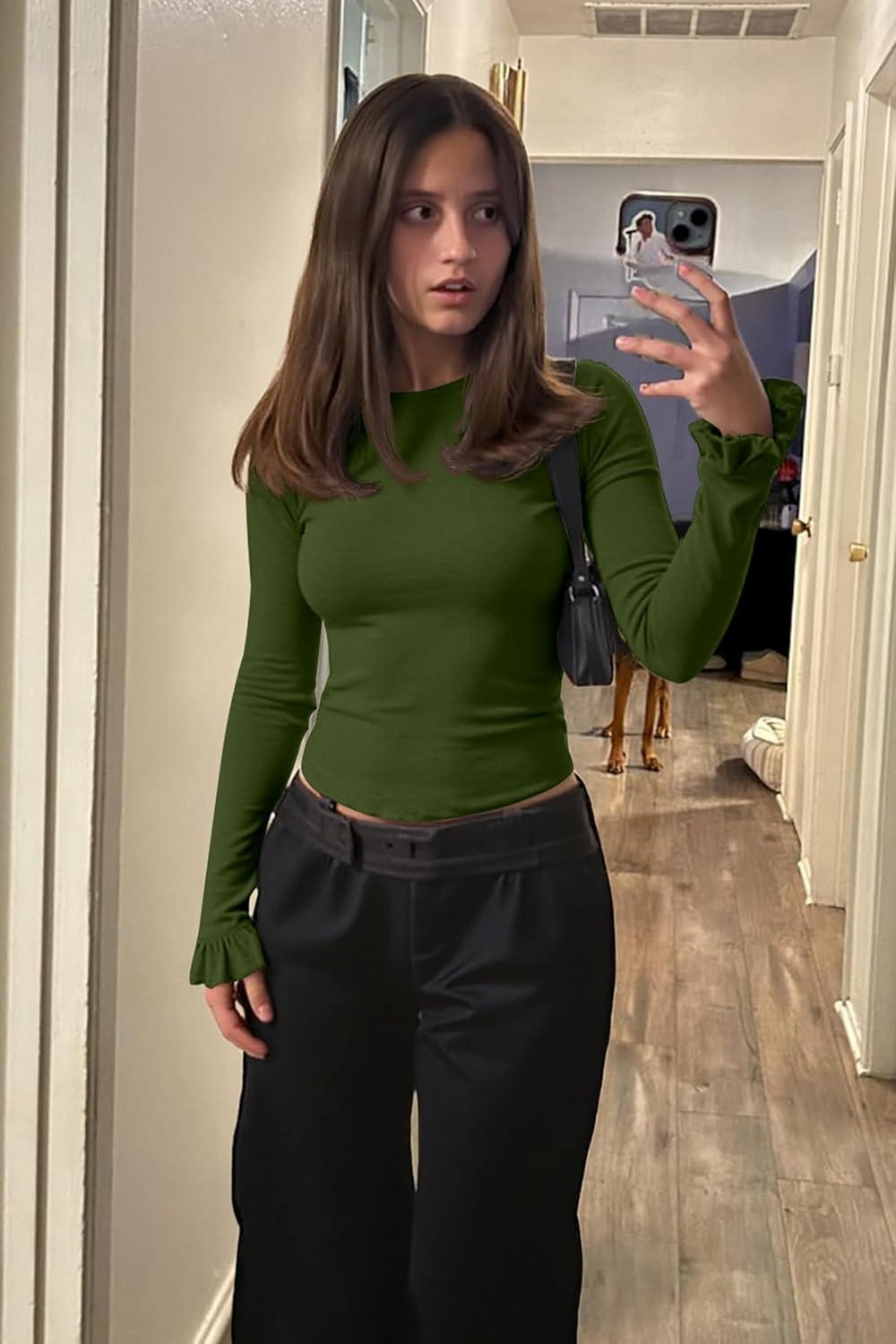 imageTankaneo Womens Long Sleeve Shirts 2025 Fall Trendy Basic Tees Ruffle Going Out Tops Outfits Y2k ClothesArmy Green