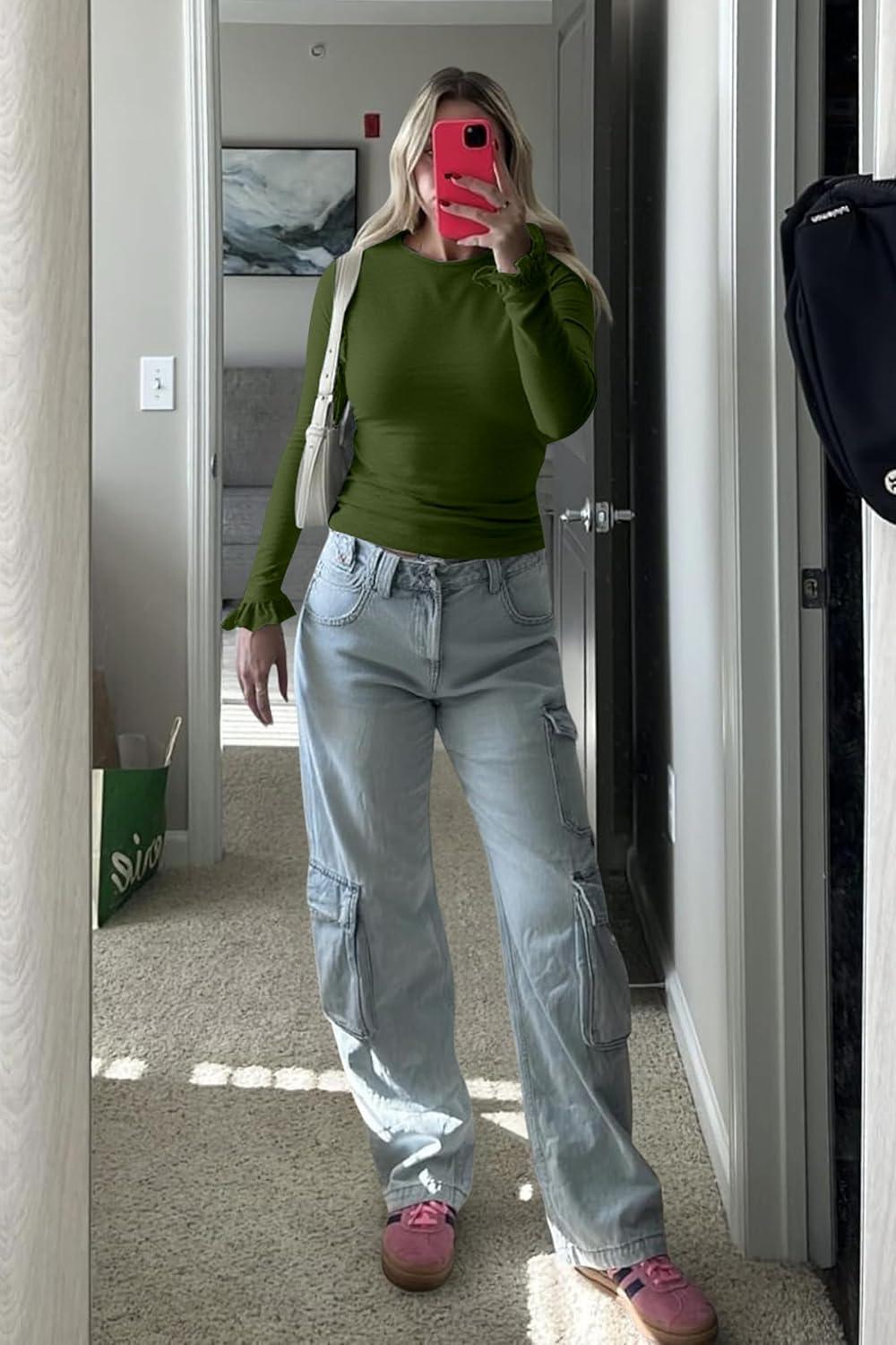 imageTankaneo Womens Long Sleeve Shirts 2025 Fall Trendy Basic Tees Ruffle Going Out Tops Outfits Y2k ClothesArmy Green