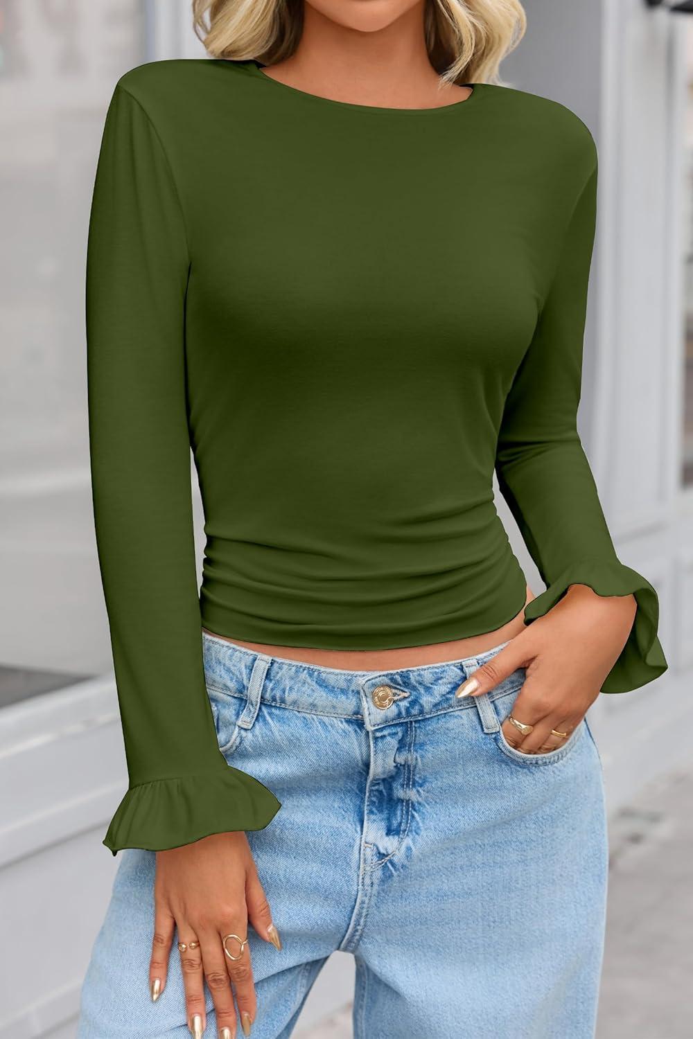 imageTankaneo Womens Long Sleeve Shirts 2025 Fall Trendy Basic Tees Ruffle Going Out Tops Outfits Y2k ClothesArmy Green