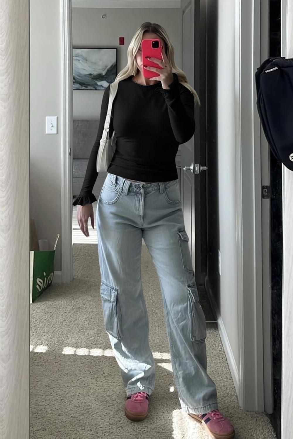 imageTankaneo Womens Long Sleeve Shirts 2025 Fall Trendy Basic Tees Ruffle Going Out Tops Outfits Y2k ClothesBlack