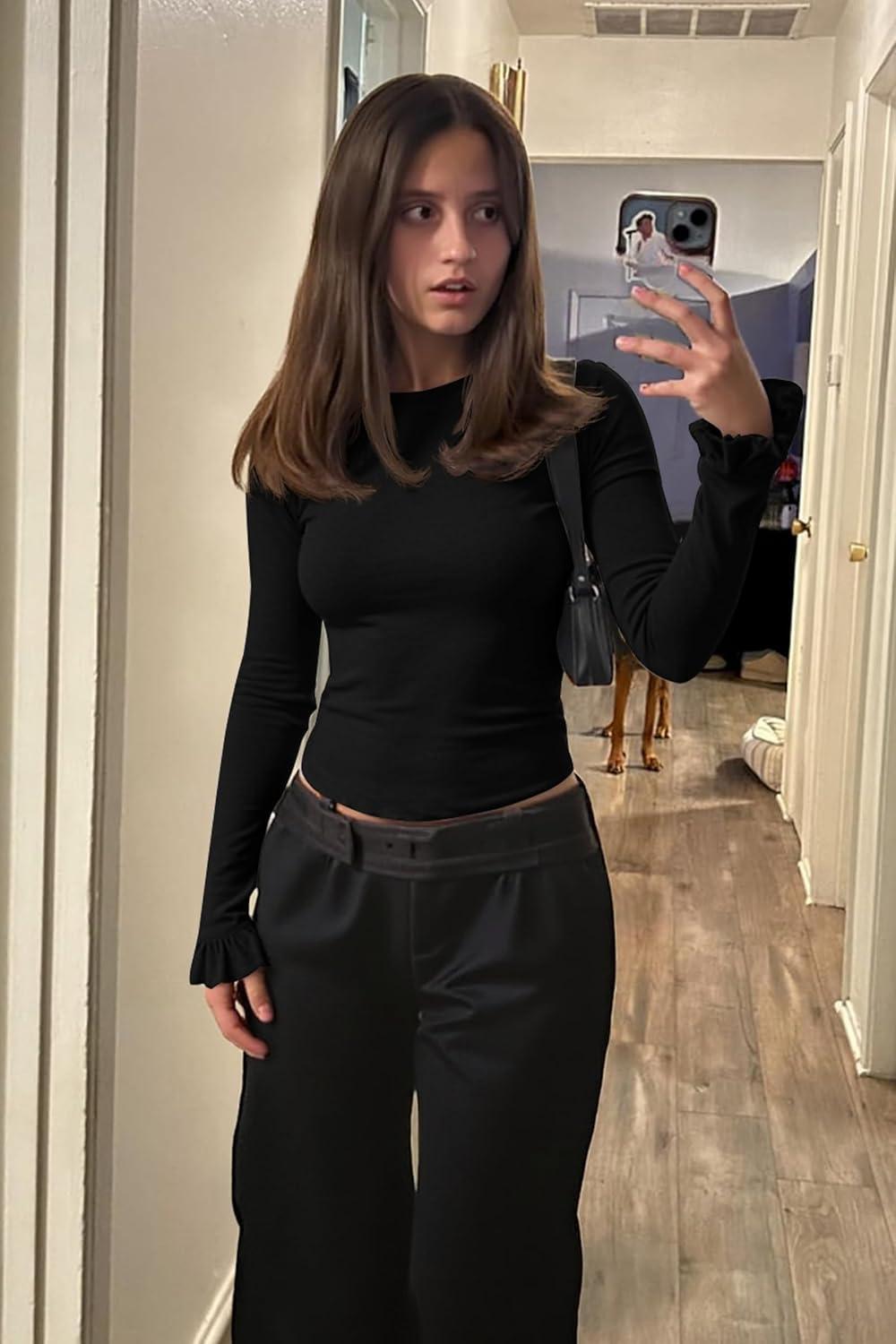 imageTankaneo Womens Long Sleeve Shirts 2025 Fall Trendy Basic Tees Ruffle Going Out Tops Outfits Y2k ClothesBlack