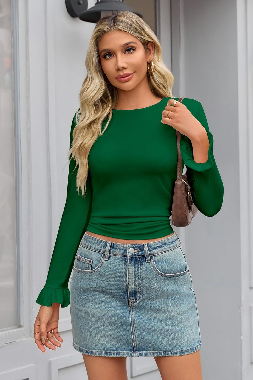 imageTankaneo Womens Long Sleeve Shirts 2025 Fall Trendy Basic Tees Ruffle Going Out Tops Outfits Y2k ClothesGreen