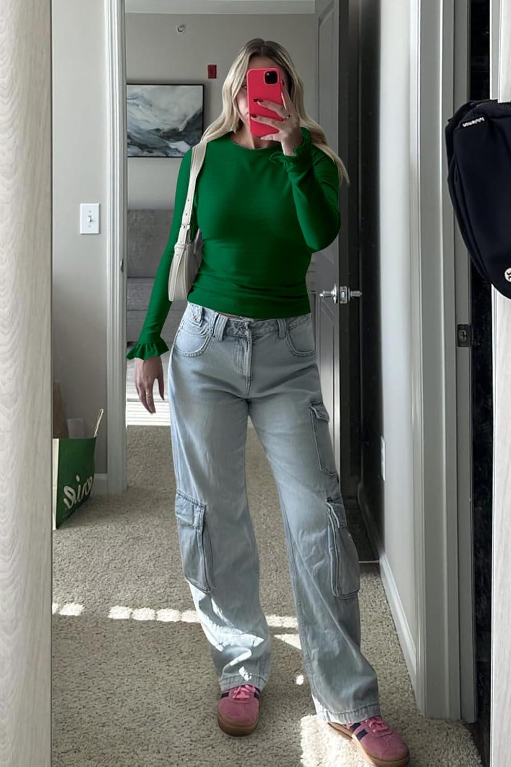 imageTankaneo Womens Long Sleeve Shirts 2025 Fall Trendy Basic Tees Ruffle Going Out Tops Outfits Y2k ClothesGreen