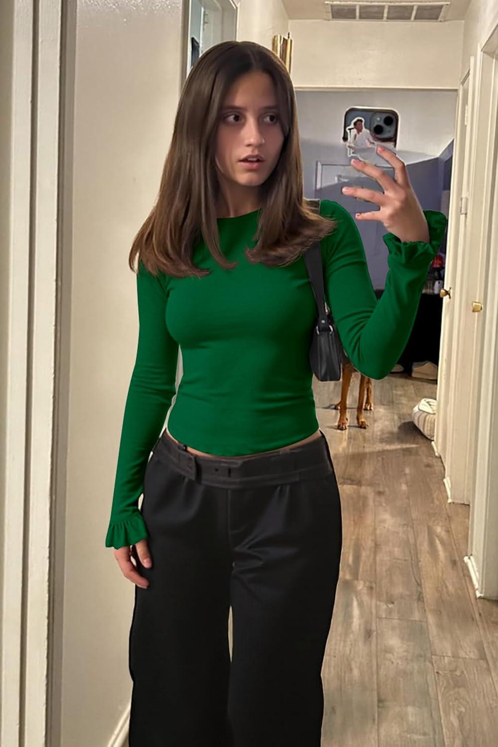 imageTankaneo Womens Long Sleeve Shirts 2025 Fall Trendy Basic Tees Ruffle Going Out Tops Outfits Y2k ClothesGreen