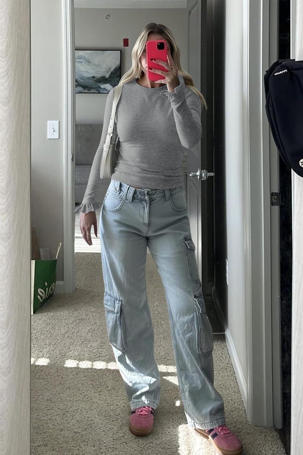 imageTankaneo Womens Long Sleeve Shirts 2025 Fall Trendy Basic Tees Ruffle Going Out Tops Outfits Y2k ClothesGrey