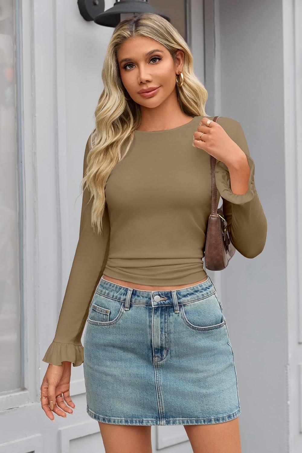 imageTankaneo Womens Long Sleeve Shirts 2025 Fall Trendy Basic Tees Ruffle Going Out Tops Outfits Y2k ClothesKhaki