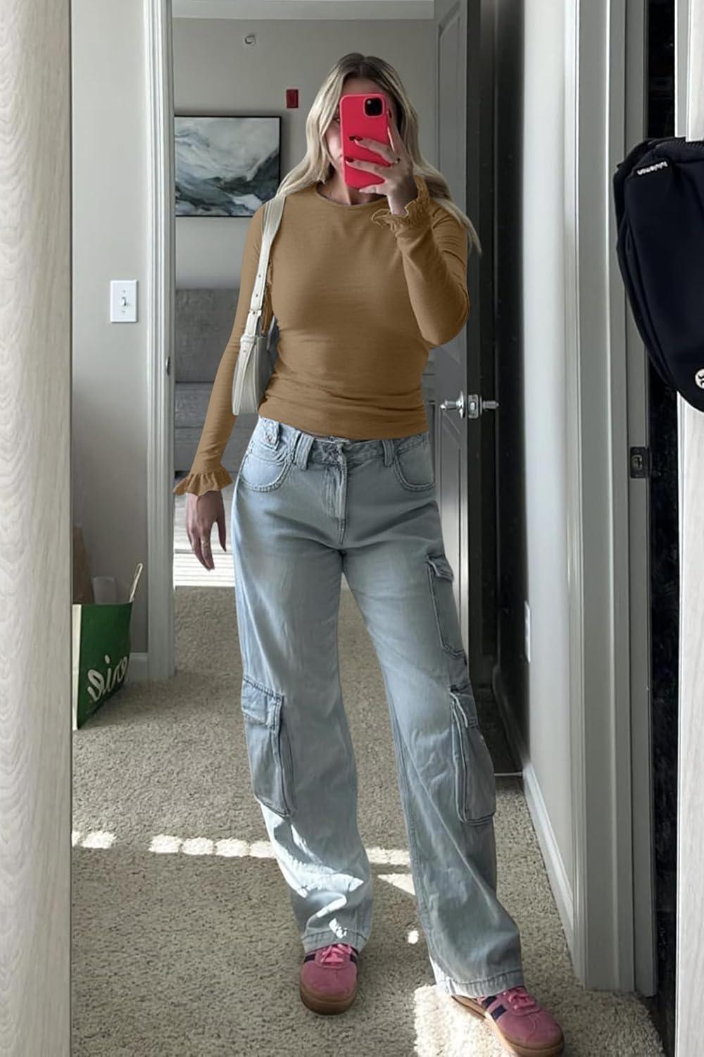 imageTankaneo Womens Long Sleeve Shirts 2025 Fall Trendy Basic Tees Ruffle Going Out Tops Outfits Y2k ClothesKhaki