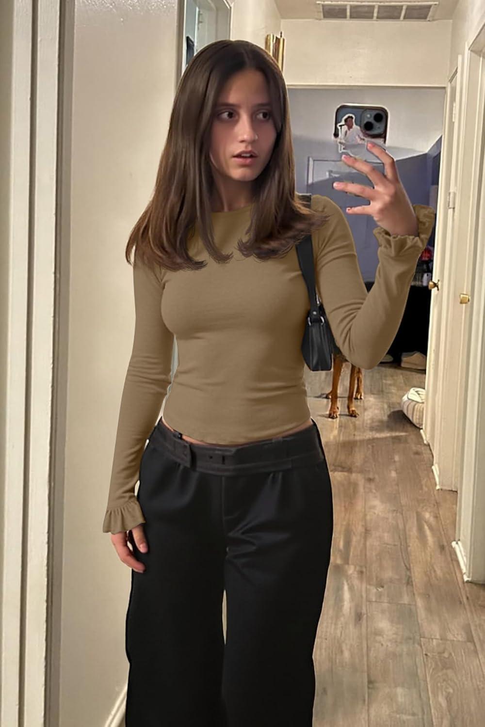 imageTankaneo Womens Long Sleeve Shirts 2025 Fall Trendy Basic Tees Ruffle Going Out Tops Outfits Y2k ClothesKhaki