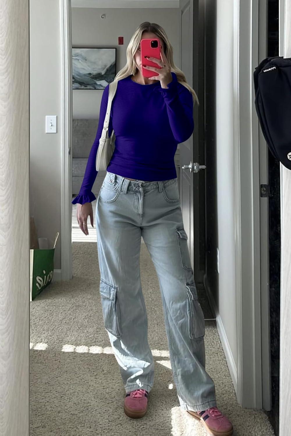 imageTankaneo Womens Long Sleeve Shirts 2025 Fall Trendy Basic Tees Ruffle Going Out Tops Outfits Y2k ClothesNavy