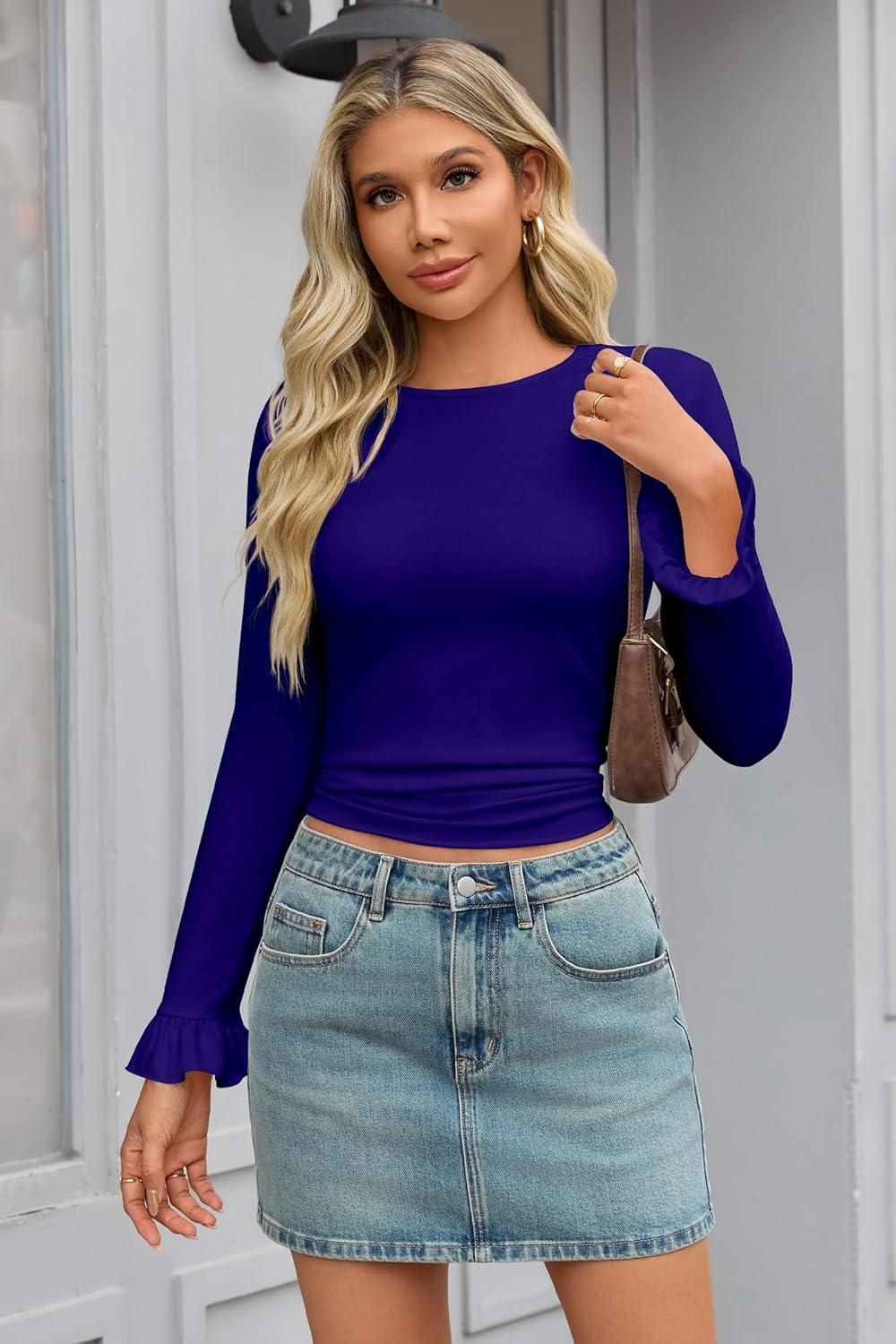 imageTankaneo Womens Long Sleeve Shirts 2025 Fall Trendy Basic Tees Ruffle Going Out Tops Outfits Y2k ClothesNavy