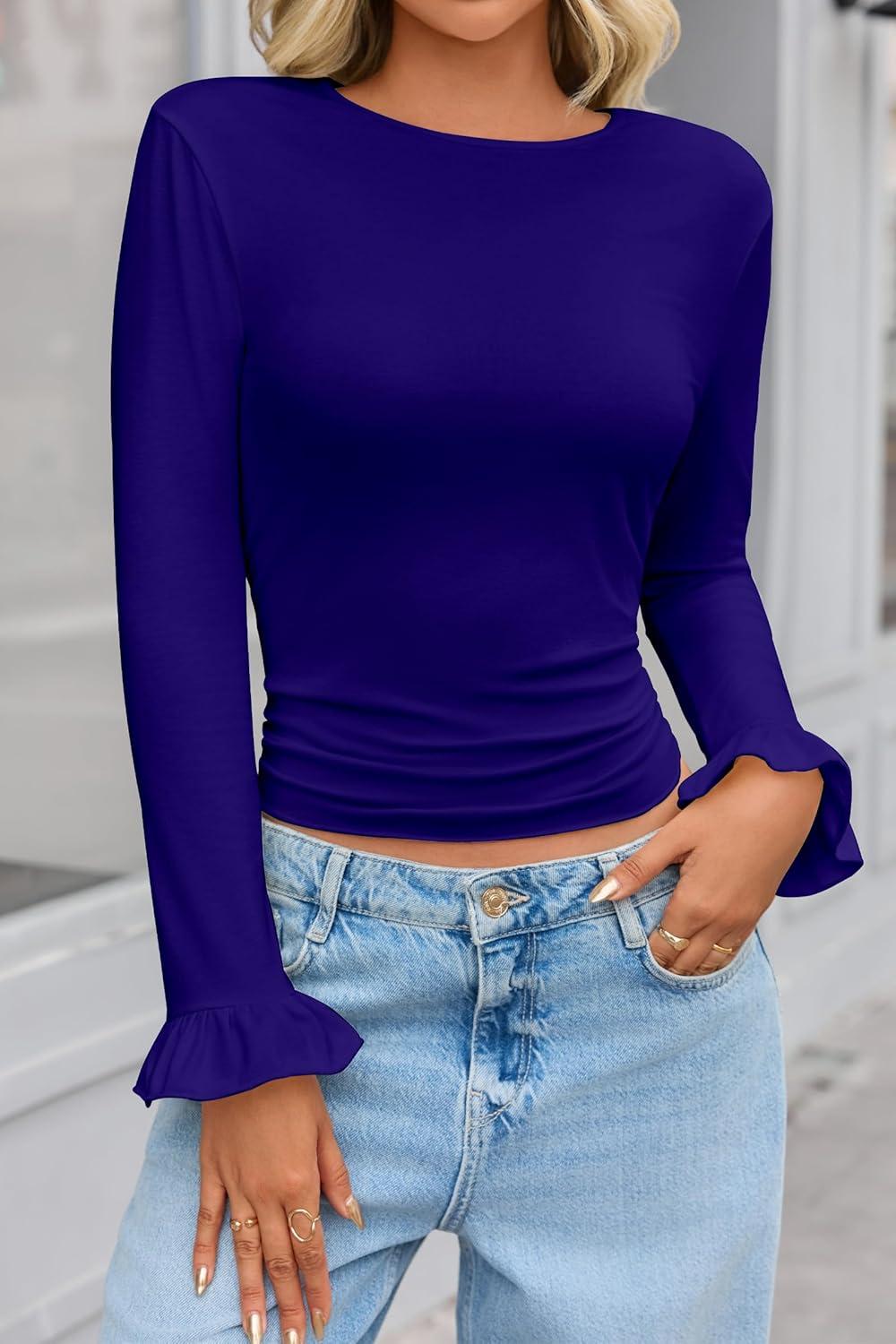 imageTankaneo Womens Long Sleeve Shirts 2025 Fall Trendy Basic Tees Ruffle Going Out Tops Outfits Y2k ClothesNavy