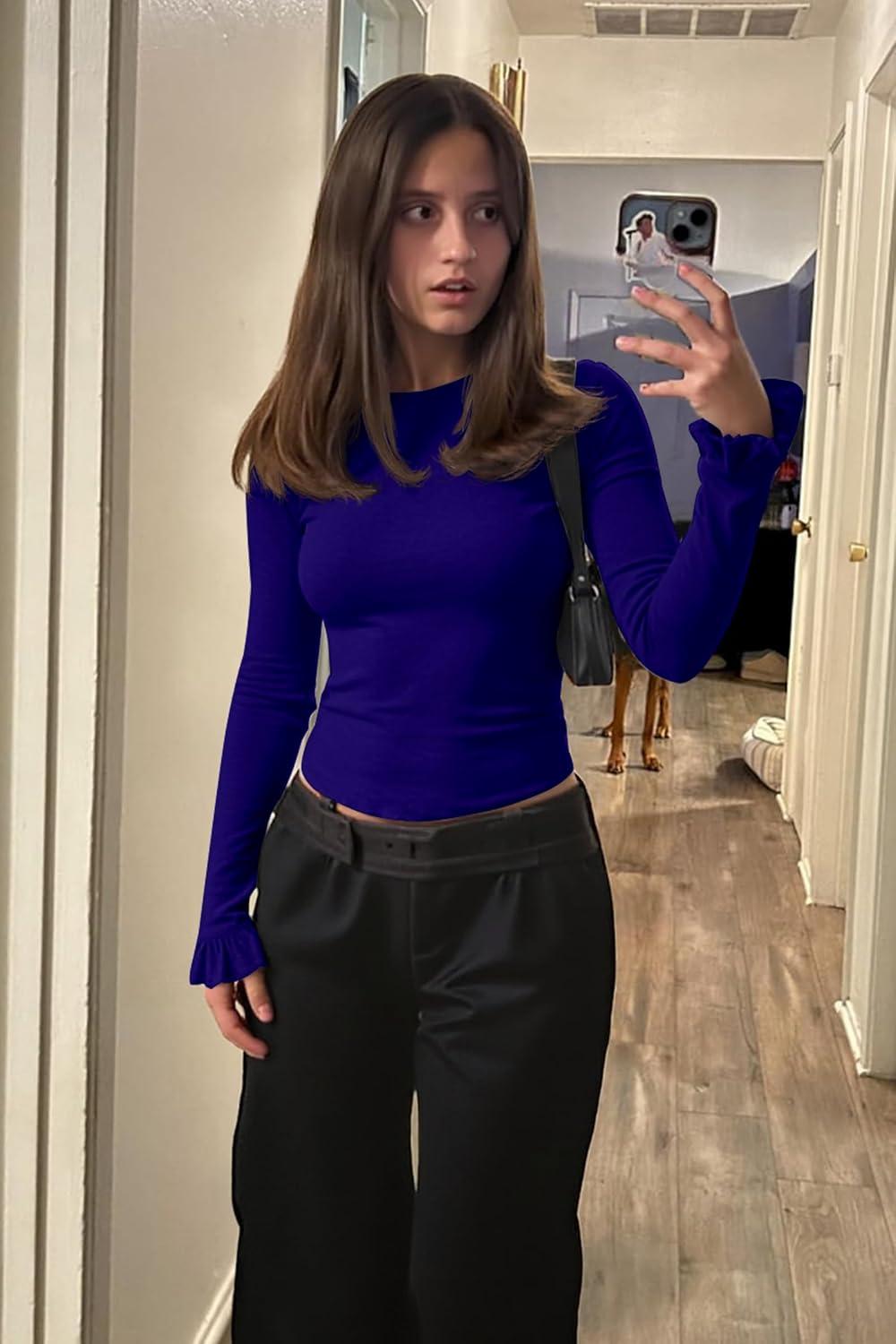 imageTankaneo Womens Long Sleeve Shirts 2025 Fall Trendy Basic Tees Ruffle Going Out Tops Outfits Y2k ClothesNavy