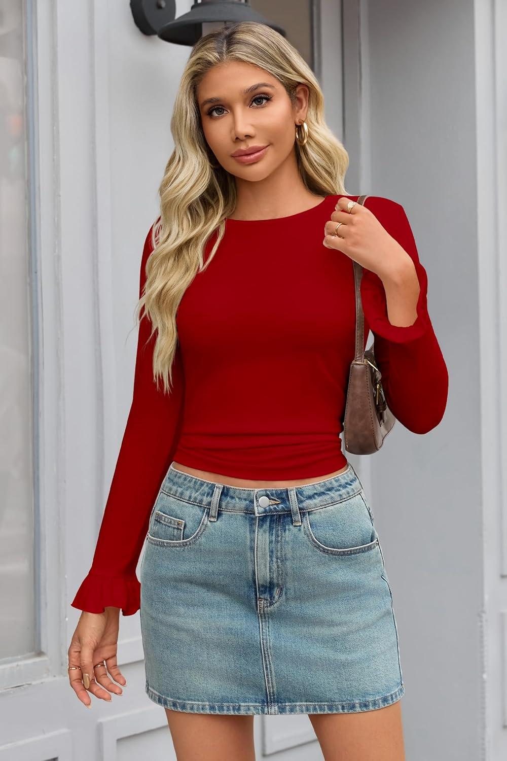 imageTankaneo Womens Long Sleeve Shirts 2025 Fall Trendy Basic Tees Ruffle Going Out Tops Outfits Y2k ClothesRed