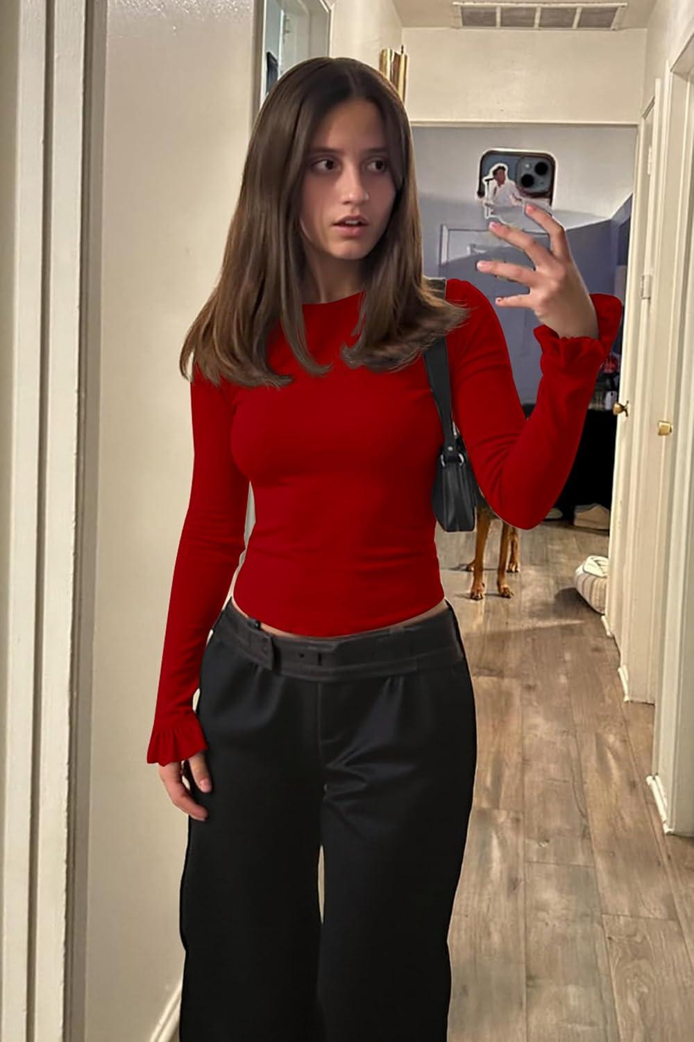 imageTankaneo Womens Long Sleeve Shirts 2025 Fall Trendy Basic Tees Ruffle Going Out Tops Outfits Y2k ClothesRed