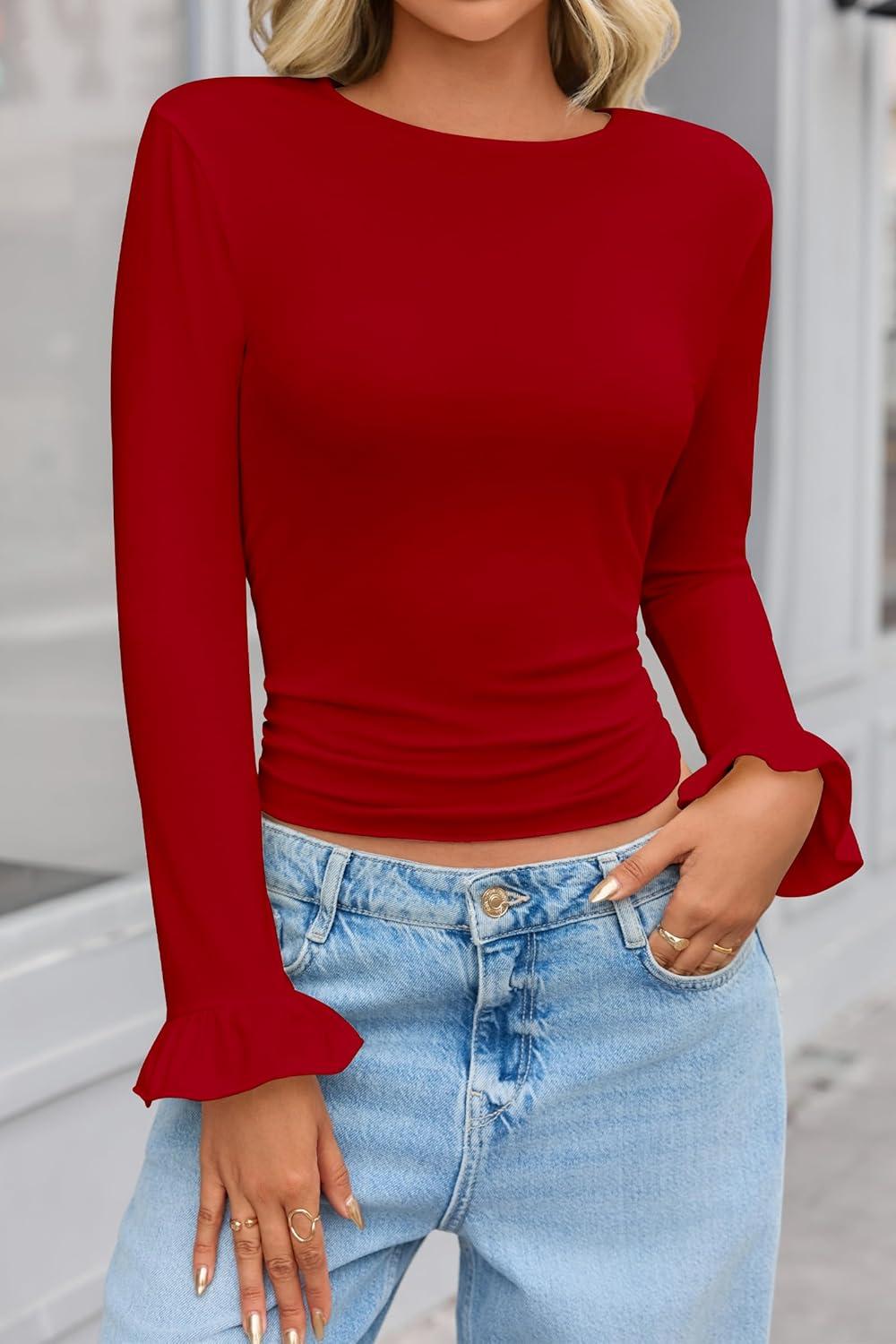 imageTankaneo Womens Long Sleeve Shirts 2025 Fall Trendy Basic Tees Ruffle Going Out Tops Outfits Y2k ClothesRed