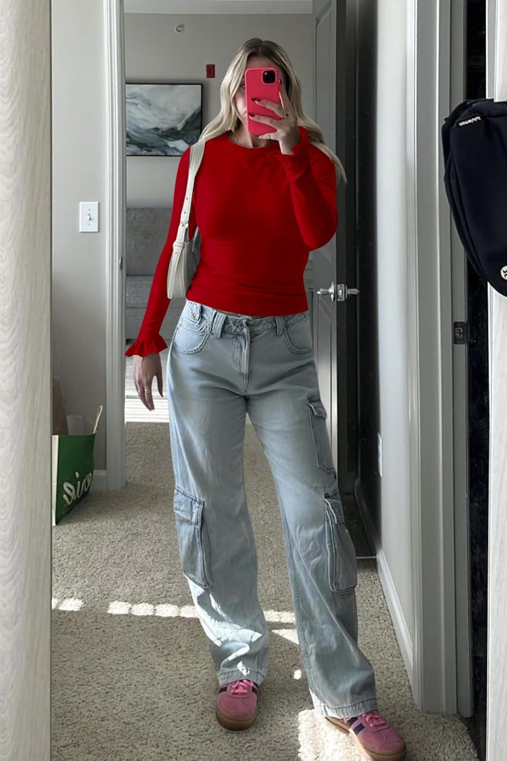 imageTankaneo Womens Long Sleeve Shirts 2025 Fall Trendy Basic Tees Ruffle Going Out Tops Outfits Y2k ClothesRed