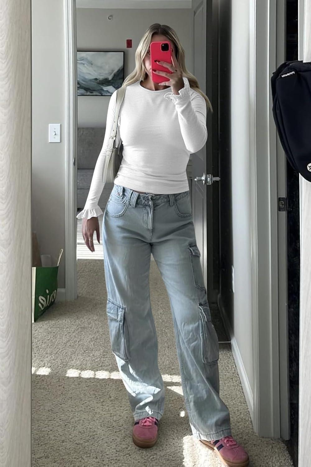 imageTankaneo Womens Long Sleeve Shirts 2025 Fall Trendy Basic Tees Ruffle Going Out Tops Outfits Y2k ClothesWhite