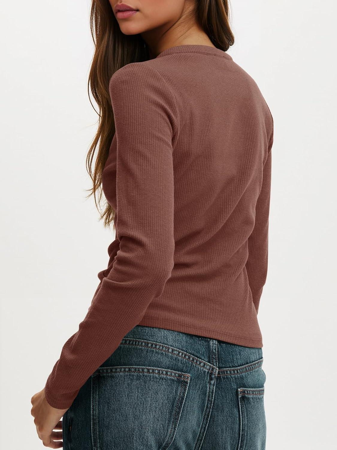 imageTankaneo Womens Long Sleeve TShirts Deep V Neck Casual Cropped Henley Shirt Ribbed Knit Button Up 2025 Basic TeesBrown