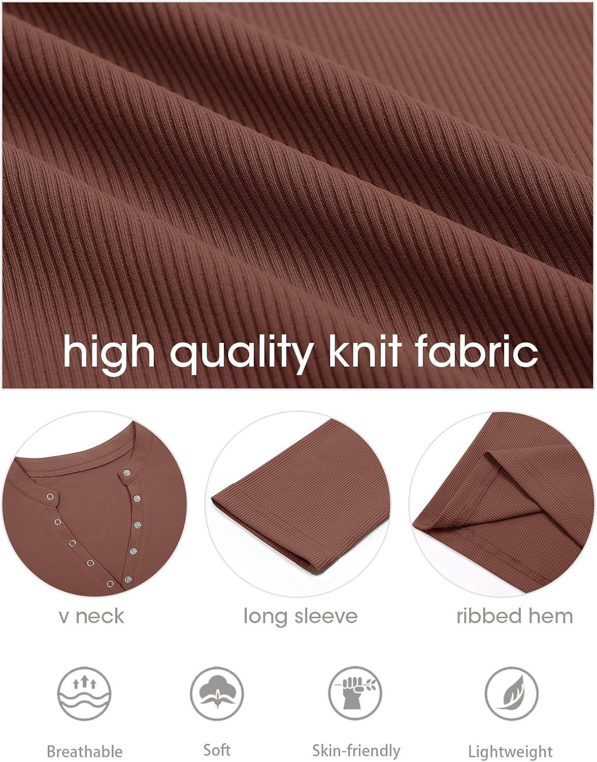 imageTankaneo Womens Long Sleeve TShirts Deep V Neck Casual Cropped Henley Shirt Ribbed Knit Button Up 2025 Basic TeesBrown