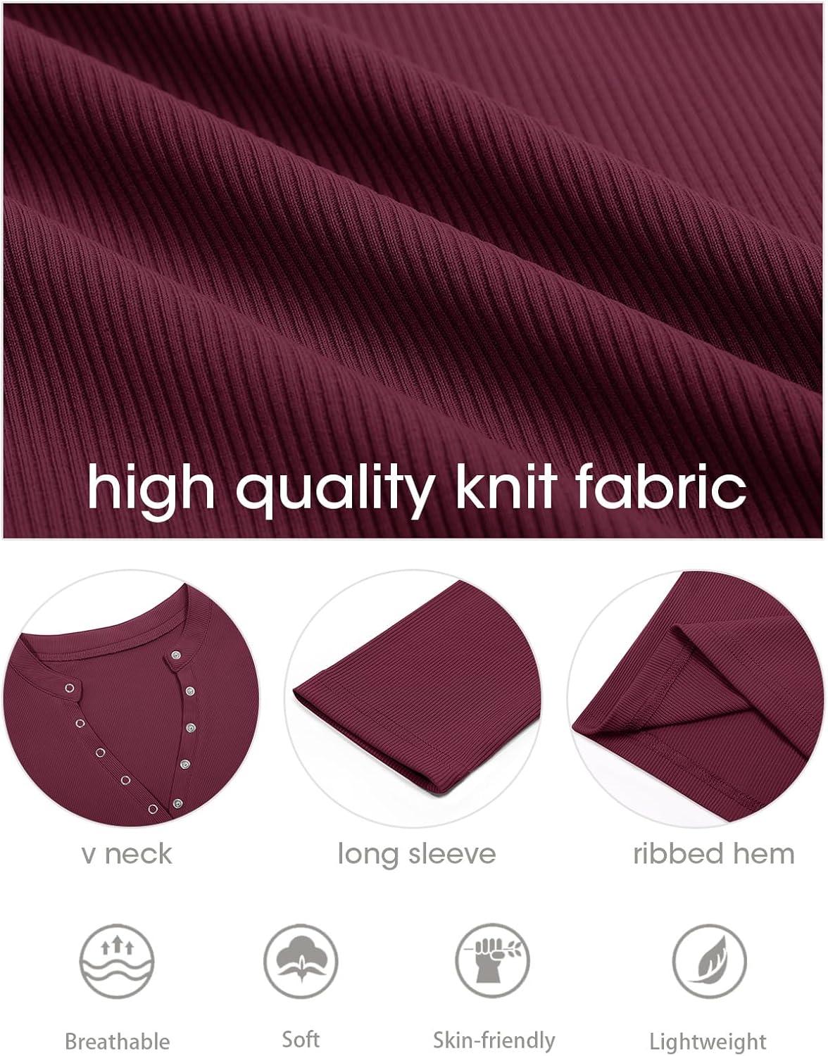 imageTankaneo Womens Long Sleeve TShirts Deep V Neck Casual Cropped Henley Shirt Ribbed Knit Button Up 2025 Basic TeesBurgundy