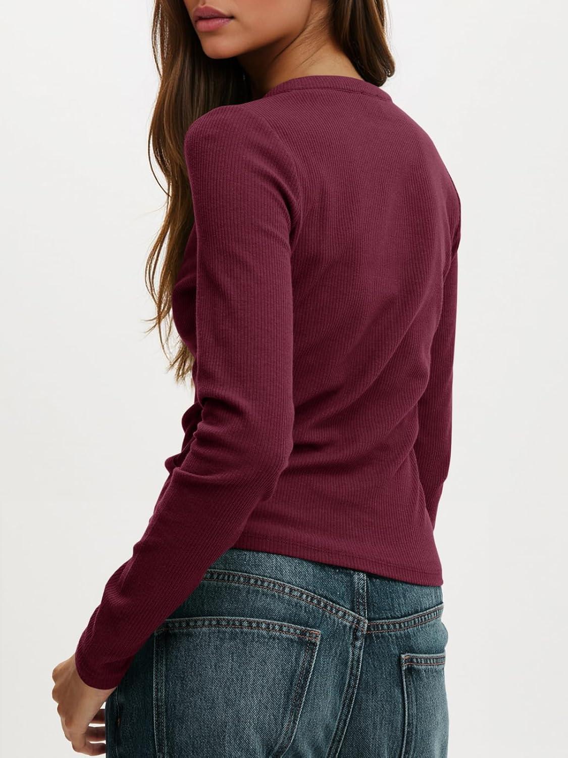 imageTankaneo Womens Long Sleeve TShirts Deep V Neck Casual Cropped Henley Shirt Ribbed Knit Button Up 2025 Basic TeesBurgundy