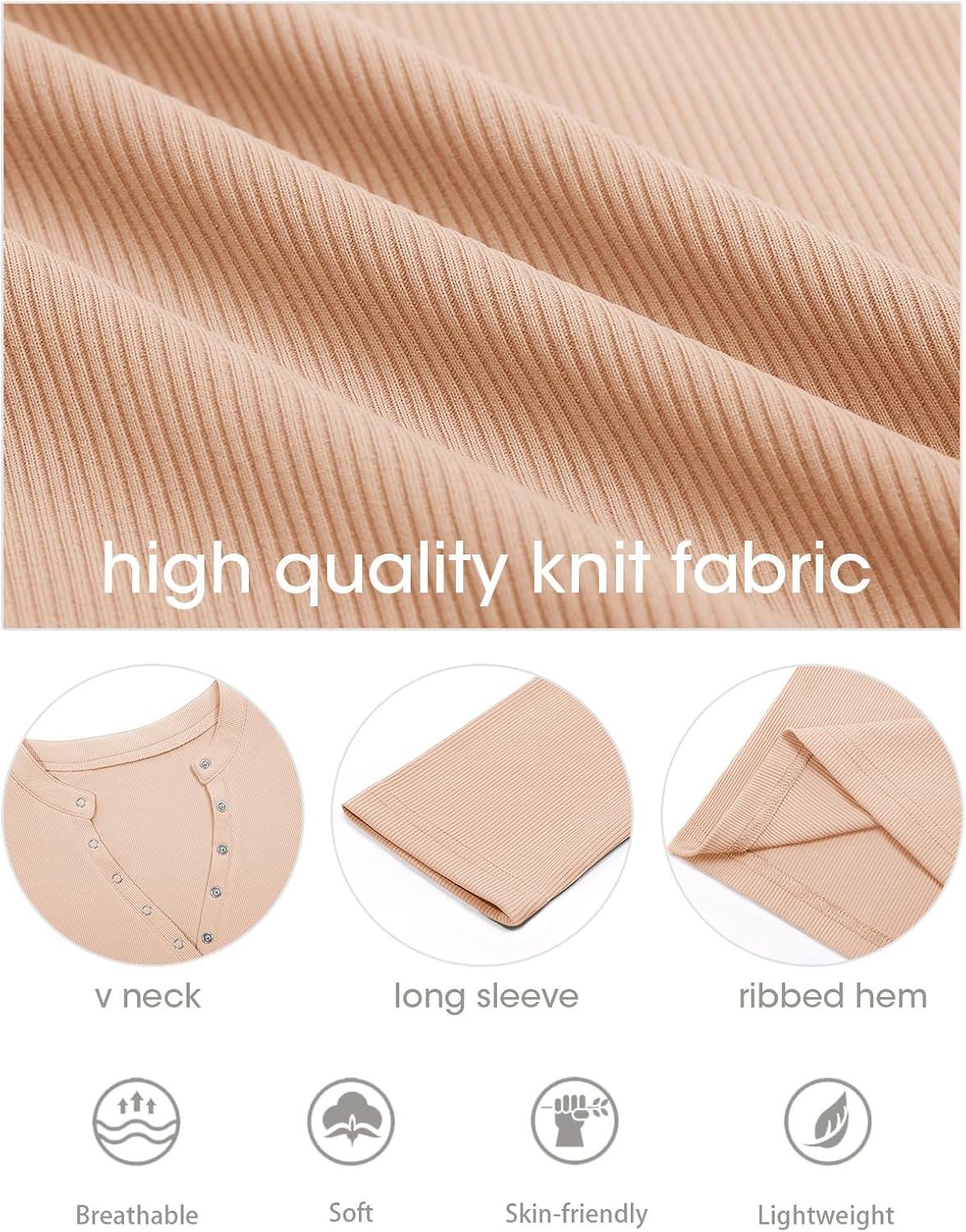 imageTankaneo Womens Long Sleeve TShirts Deep V Neck Casual Cropped Henley Shirt Ribbed Knit Button Up 2025 Basic TeesKhaki