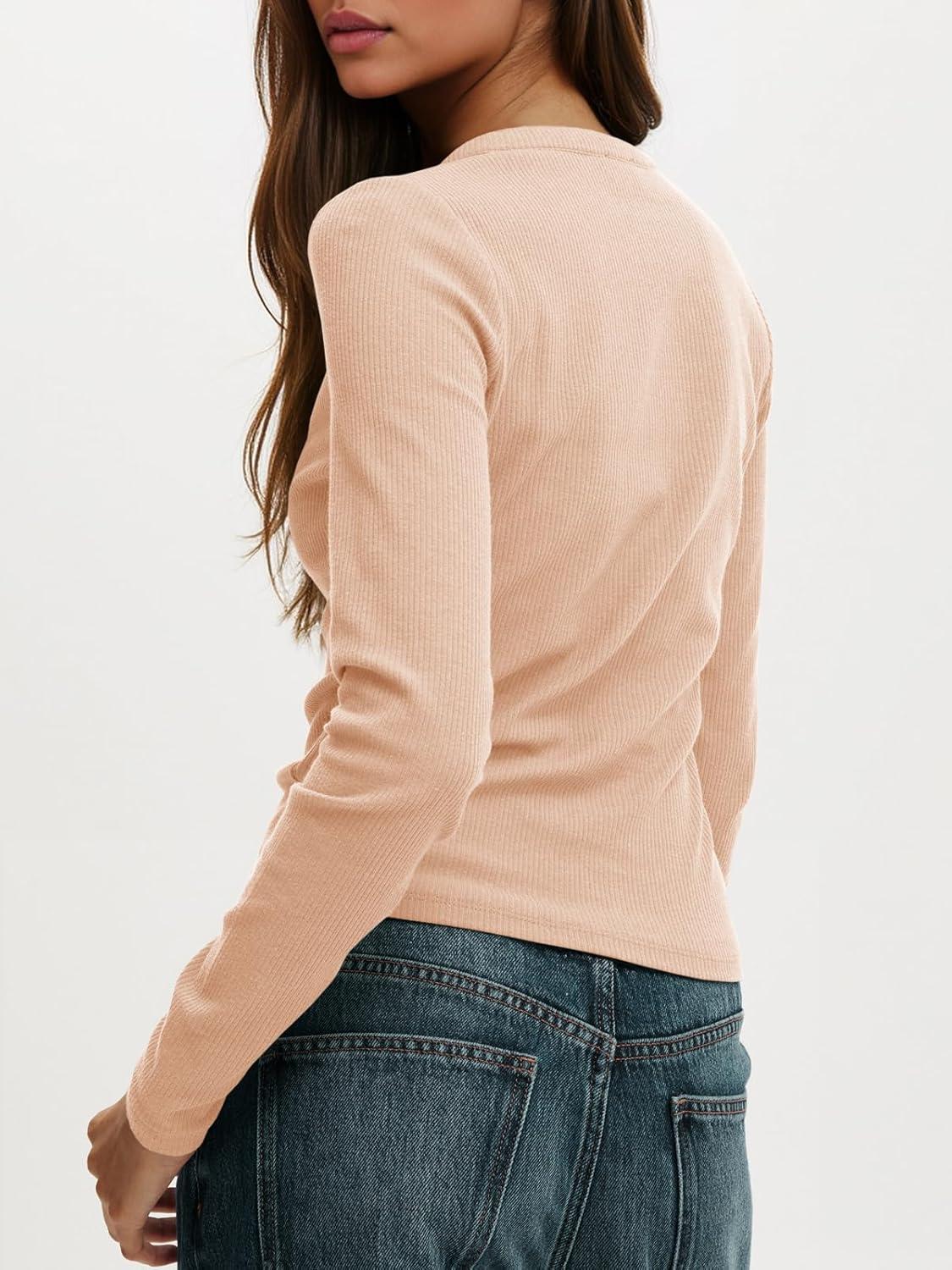 imageTankaneo Womens Long Sleeve TShirts Deep V Neck Casual Cropped Henley Shirt Ribbed Knit Button Up 2025 Basic TeesKhaki