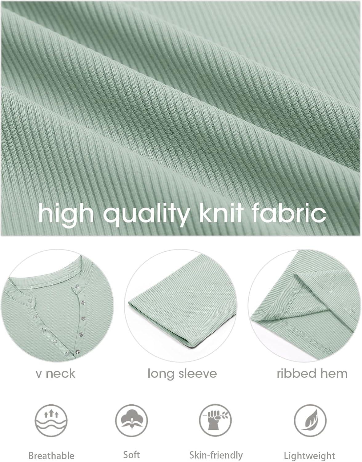 imageTankaneo Womens Long Sleeve TShirts Deep V Neck Casual Cropped Henley Shirt Ribbed Knit Button Up 2025 Basic TeesLight Green