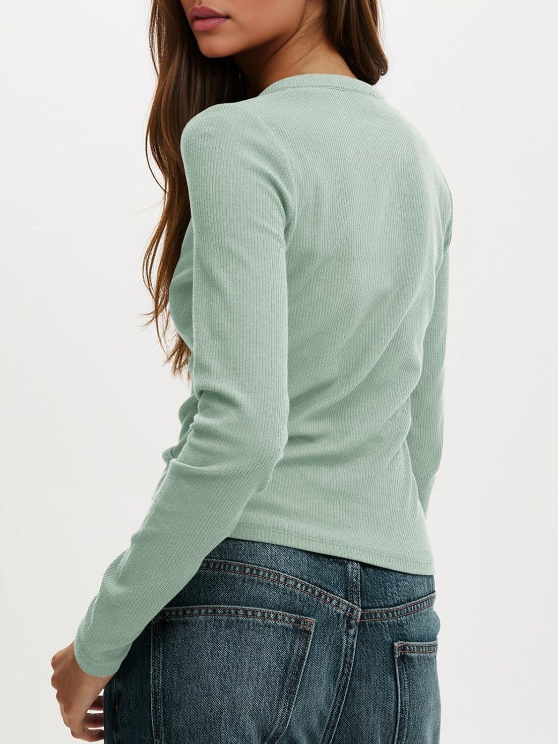 imageTankaneo Womens Long Sleeve TShirts Deep V Neck Casual Cropped Henley Shirt Ribbed Knit Button Up 2025 Basic TeesLight Green