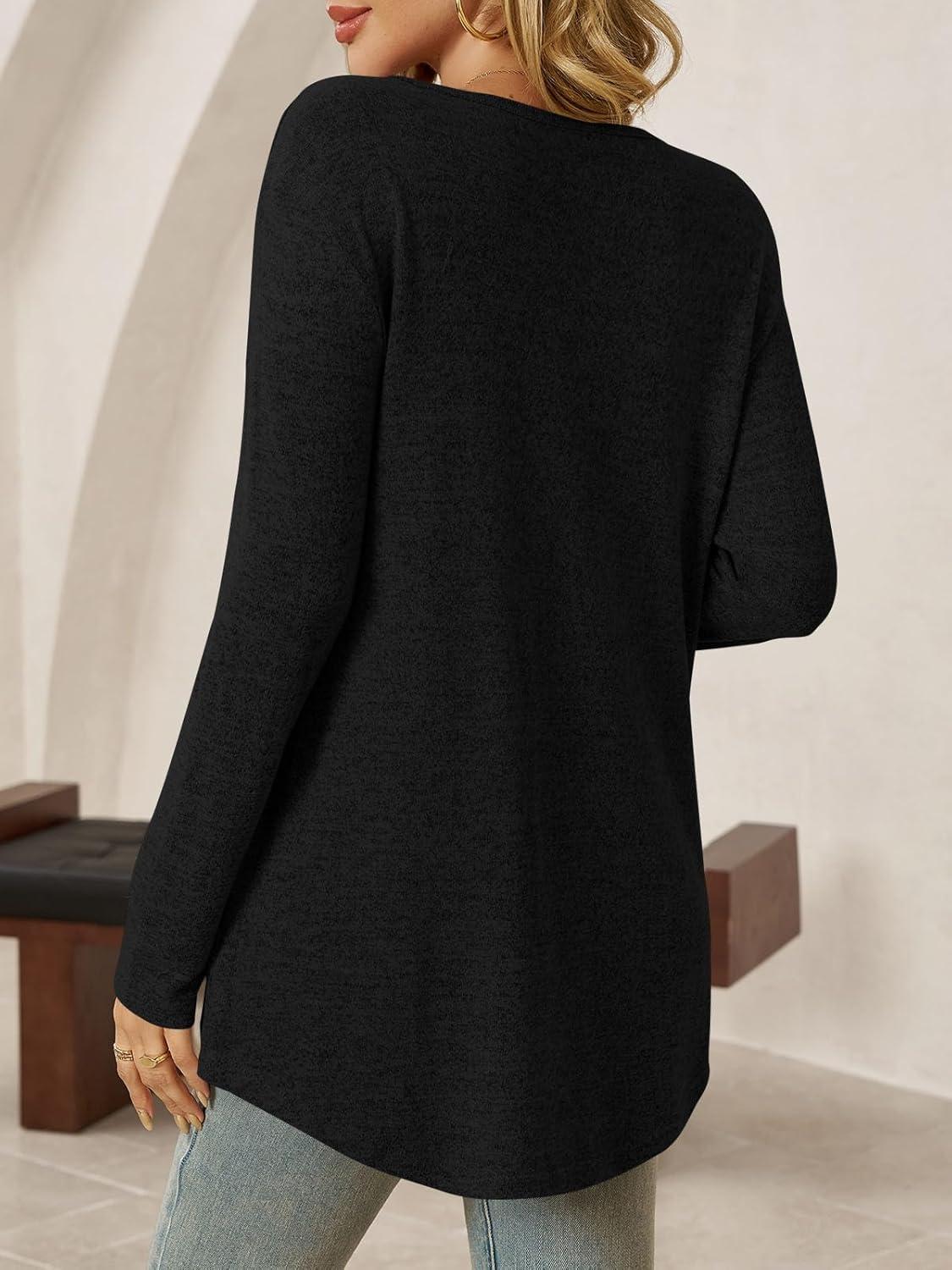 imageTankaneo Womens Long Sleeve Tunic Tops V Neck Dressy Casual TShirts Loose Fit Curved Hem Blouse TeesBlack