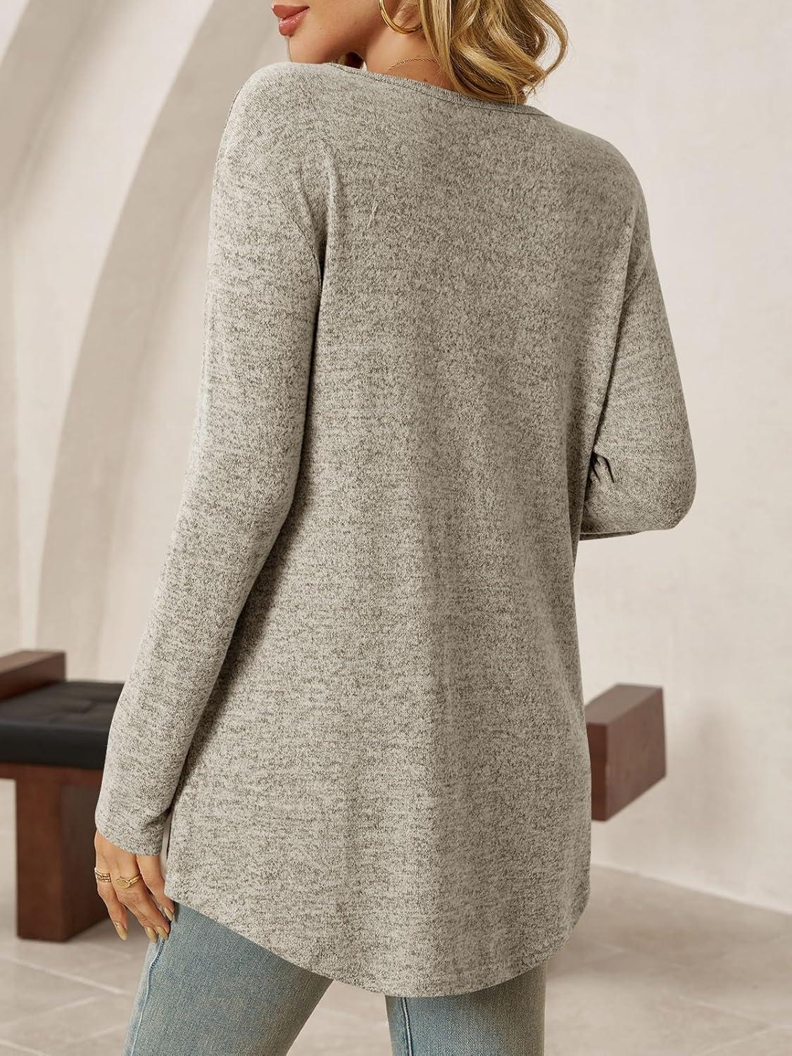 imageTankaneo Womens Long Sleeve Tunic Tops V Neck Dressy Casual TShirts Loose Fit Curved Hem Blouse TeesKhaki