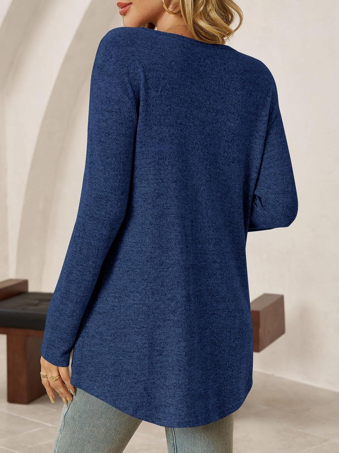 imageTankaneo Womens Long Sleeve Tunic Tops V Neck Dressy Casual TShirts Loose Fit Curved Hem Blouse TeesNavy