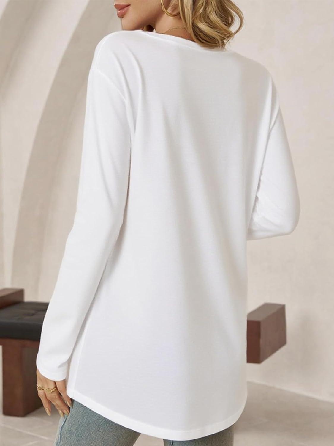 imageTankaneo Womens Long Sleeve Tunic Tops V Neck Dressy Casual TShirts Loose Fit Curved Hem Blouse TeesWhite