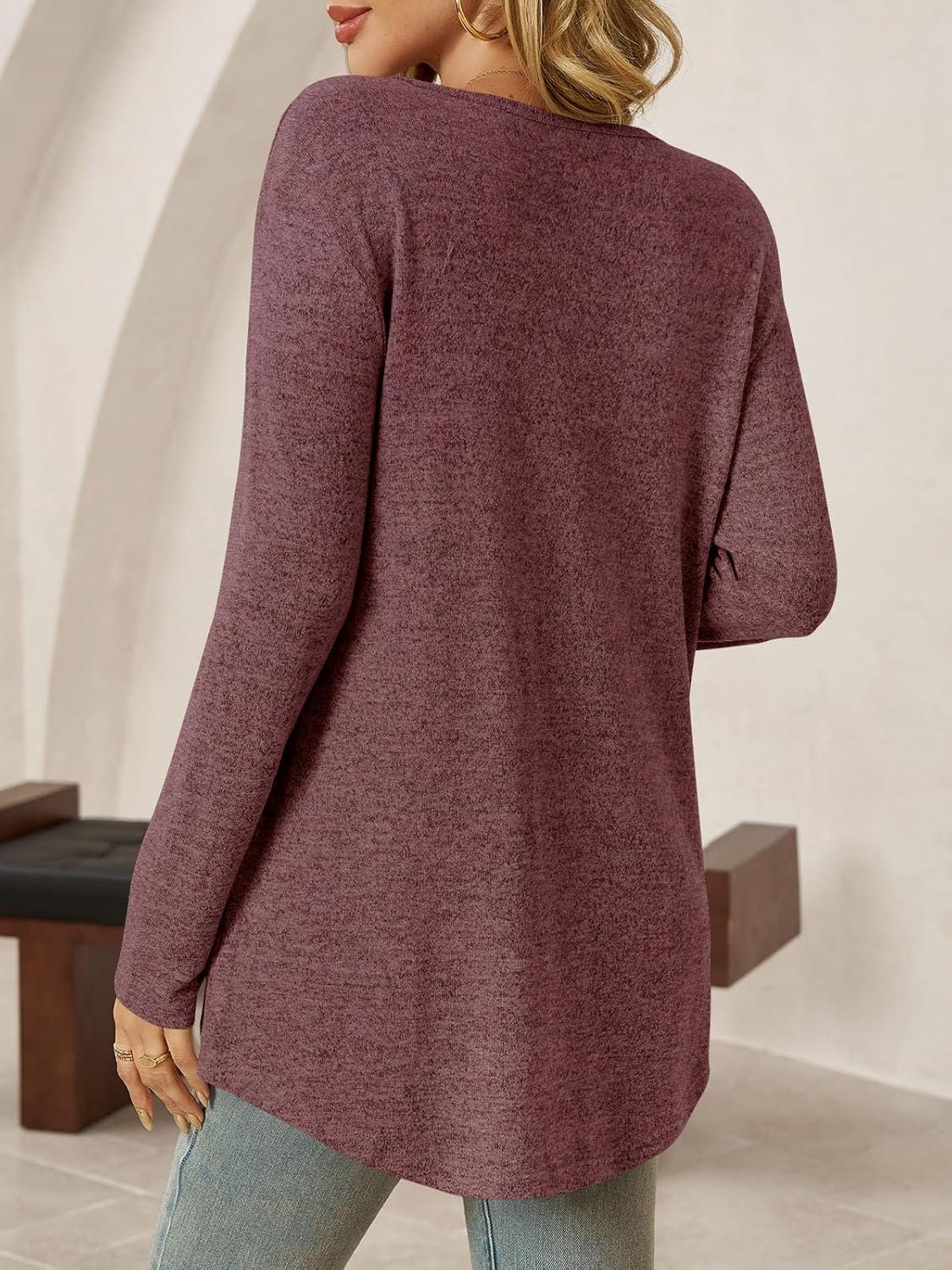 imageTankaneo Womens Long Sleeve Tunic Tops V Neck Dressy Casual TShirts Loose Fit Curved Hem Blouse TeesWine Red