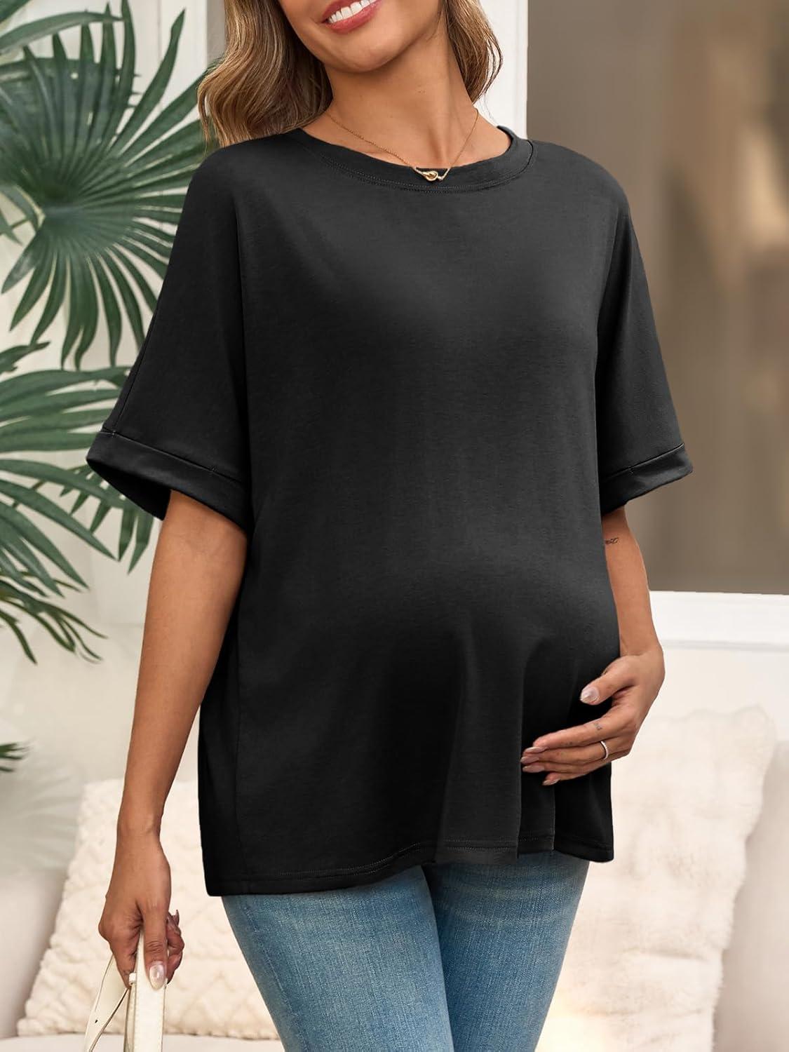 imageTankaneo Womens Maternity T Shirts Oversized Short Sleeve Tunic Tops Casual Summer Loose Fit Crewneck Pregnancy ClothesBlack