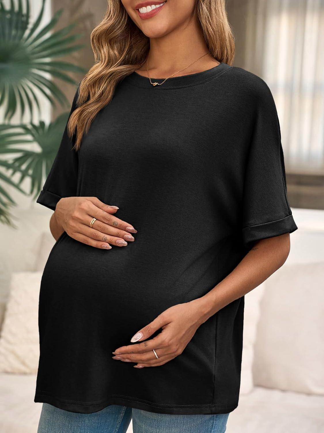 imageTankaneo Womens Maternity T Shirts Oversized Short Sleeve Tunic Tops Casual Summer Loose Fit Crewneck Pregnancy ClothesBlack