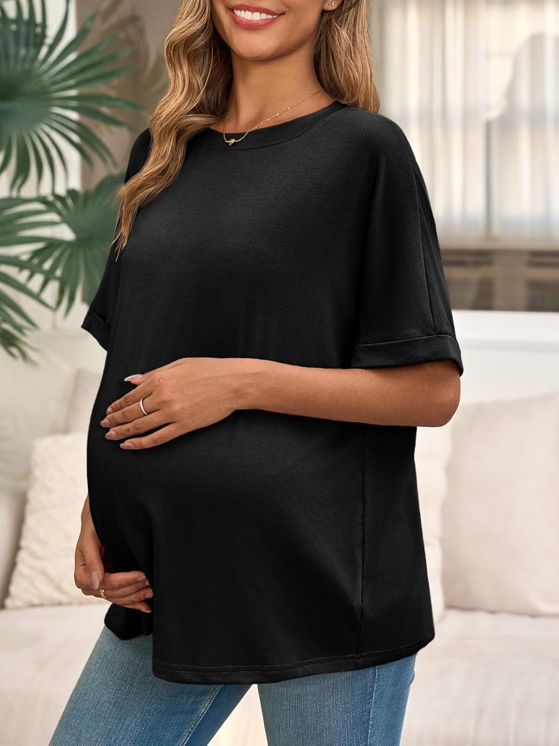 imageTankaneo Womens Maternity T Shirts Oversized Short Sleeve Tunic Tops Casual Summer Loose Fit Crewneck Pregnancy ClothesBlack