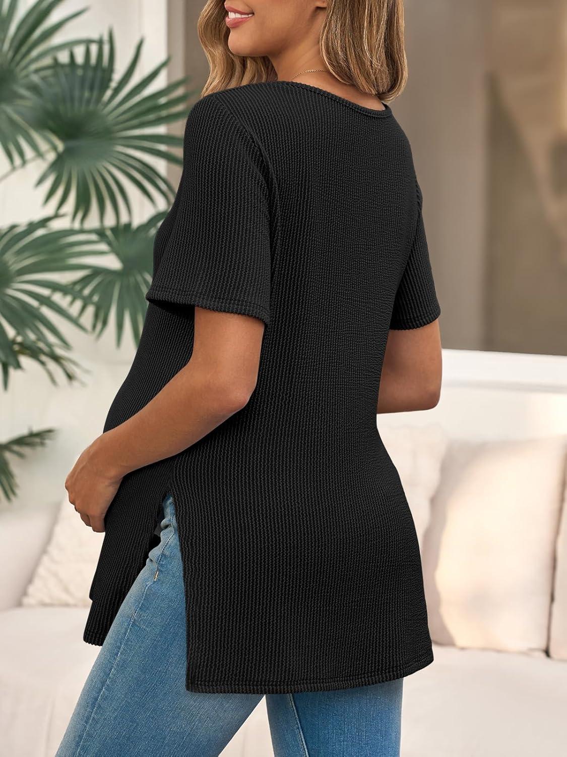 imageTankaneo Womens Maternity T Shirts Summer Ribbed Short Sleeve Tunic Tops Textured Side Split Tee Pregnancy ClothesBlack